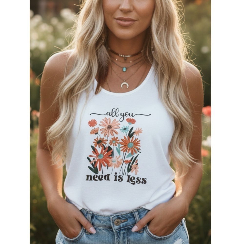 All You Need Is Less Lightweight Racer Back Tank Top White Graphic Womens 2XL